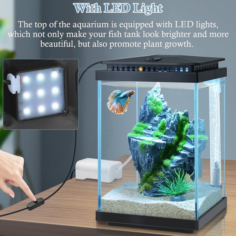 FEDOUR Small Glass Aquarium, 1 Gallon Desktop Fish Tank, Betta Fish Tank, Mini Aquarium Starter Kit with Air Pump LED Light Decoration Water Changer Fish Net (Black) - Image 4